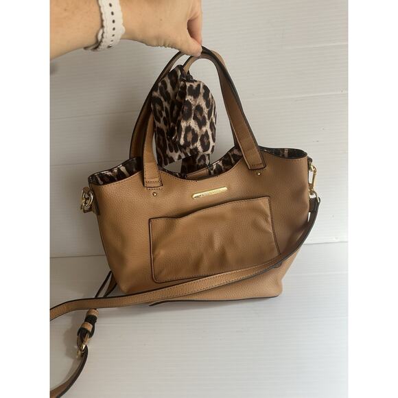 Steve Madden Vegan Leather Small Tote in Cognac W/ Cheetah Bow Scarf Accent - Picture 1 of 8